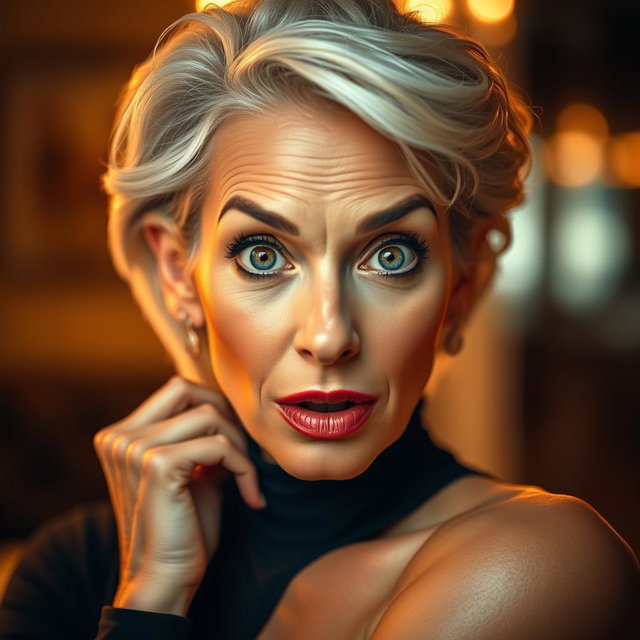 A stunning 60-year-old woman displaying a surprised expression, directly facing the camera while posed in a sensual manner