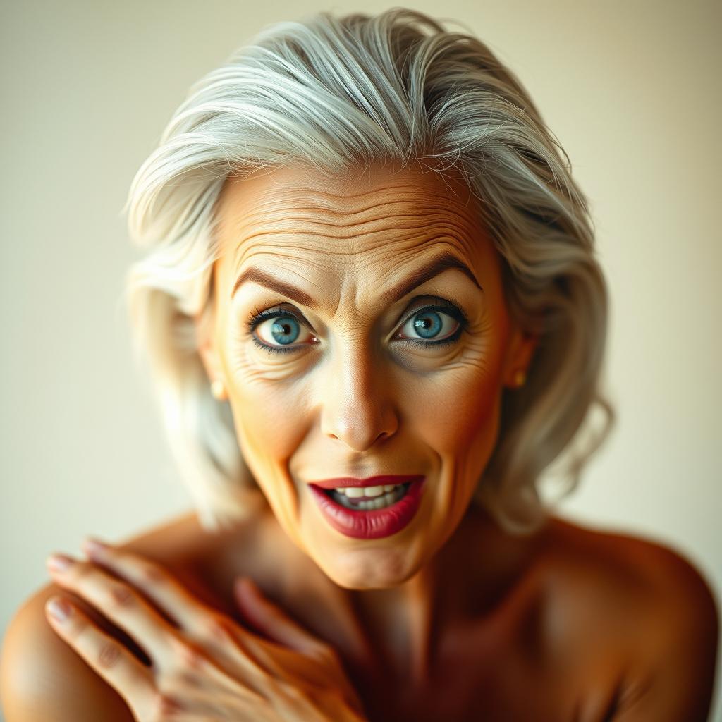 A stunning 60-year-old woman displaying a surprised expression, directly facing the camera while posed in a sensual manner