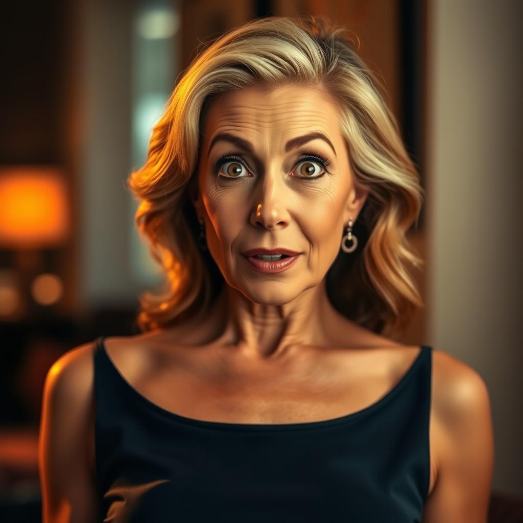 A beautiful 60-year-old woman with a surprised expression, directly facing the camera in a sensual pose