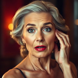 A beautiful 60-year-old woman with a look of surprise on her face, directly facing the camera in a sensual pose