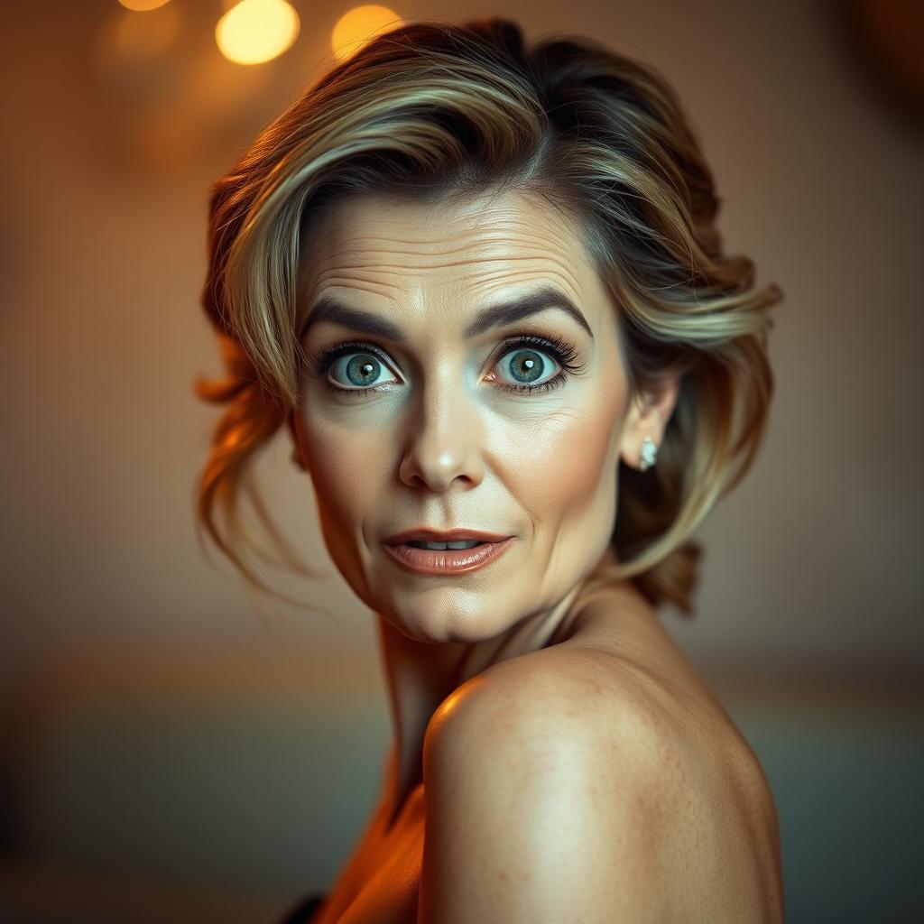 A beautiful 60-year-old woman with a look of surprise on her face, directly facing the camera in a sensual pose