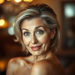 A beautiful 60-year-old woman with a look of surprise on her face, directly facing the camera in a sensual pose