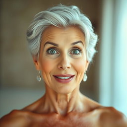 A beautiful 60-year-old woman with a surprised expression, directly facing the camera in a sensual pose