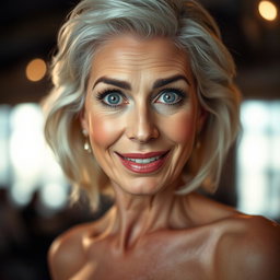 A beautiful 60-year-old woman with a surprised expression, directly facing the camera in a sensual pose