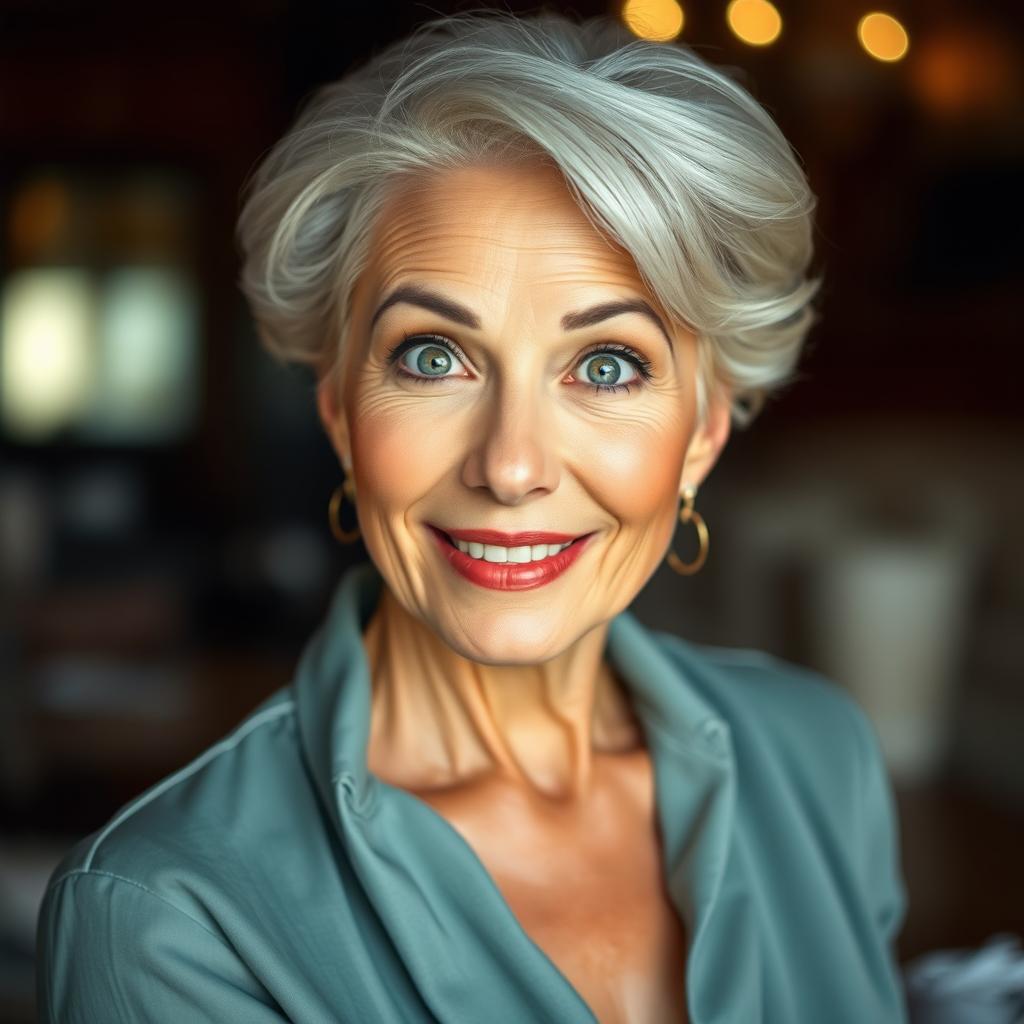 A beautiful 60-year-old woman with a surprised expression, directly facing the camera in a sensual pose