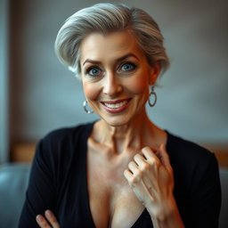 A beautiful 60-year-old woman with a surprised expression, directly facing the camera in a sensual pose