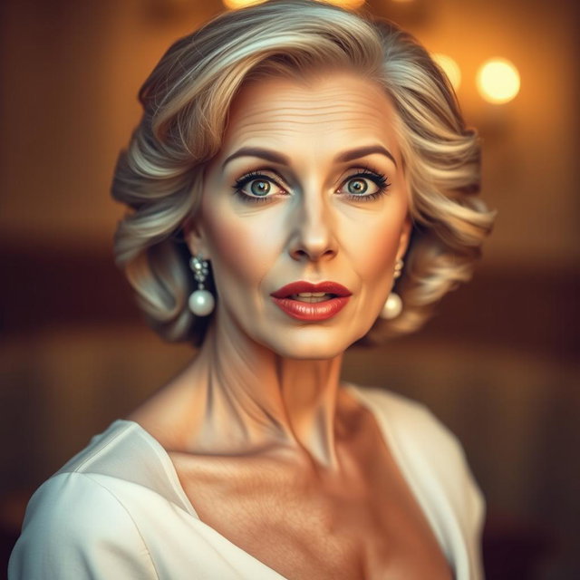 A stunning 60-year-old woman with a surprised expression, directly facing the camera in a sensual pose