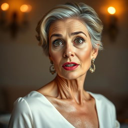 A stunning 60-year-old woman with a surprised expression, directly facing the camera in a sensual pose