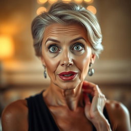 A stunning 60-year-old woman with a surprised expression, directly facing the camera in a sensual pose