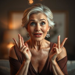 A stunning 60-year-old woman with an expression of surprise, positioned front-facing to the camera