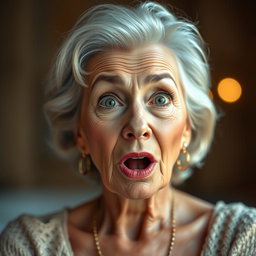 A stunning 60-year-old woman with an expression of surprise, positioned front-facing to the camera