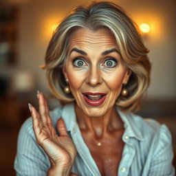 A stunning 60-year-old woman with an expression of surprise, positioned front-facing to the camera