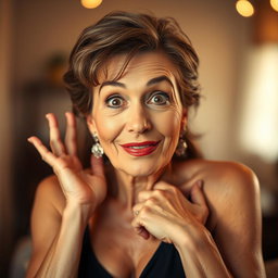 A stunning 60-year-old woman with an expression of surprise, positioned front-facing to the camera