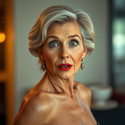 A beautiful 60-year-old woman with a surprised expression, facing the camera directly