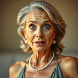 A beautiful 60-year-old woman with a surprised expression, facing the camera directly