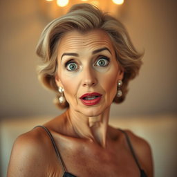 A beautiful 60-year-old woman with a surprised expression, facing the camera directly