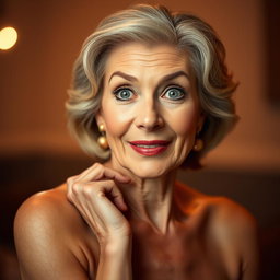 A beautiful 60-year-old woman with a surprised expression, facing the camera directly