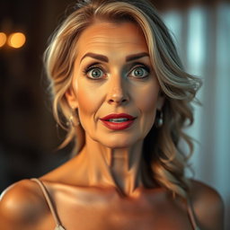 A stunning 60-year-old woman with a surprised expression, directly looking at the camera in a sensual pose