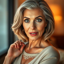 A stunning 60-year-old woman with a surprised expression, directly looking at the camera in a sensual pose