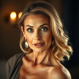 A stunning 60-year-old woman with a surprised expression, directly looking at the camera in a sensual pose