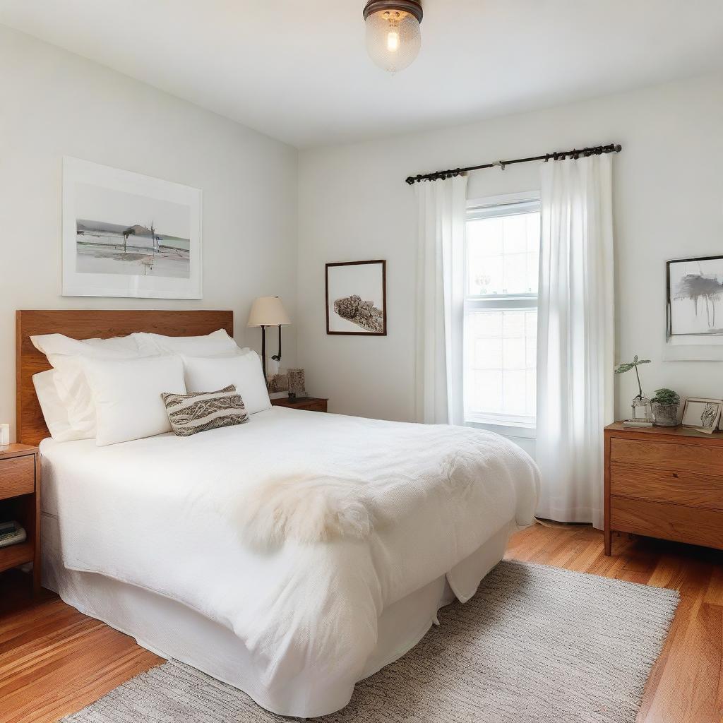 A spacious, well-lit bedroom with white walls, a plush queen-sized bed covered in soft pillows and blankets, a wooden nightstand with a lamp, and wall-mounted artworks.