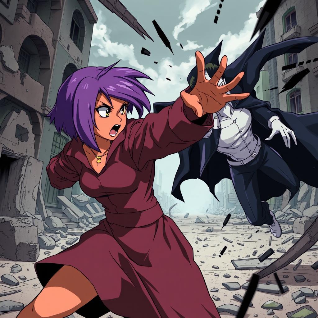 A dynamic anime scene depicting a brown-skinned girl with vibrant purple hair styled in a side cut, delivering a powerful side kick to a vampire villain