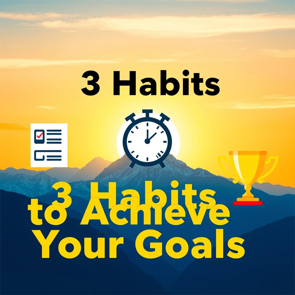 A vibrant and eye-catching YouTube thumbnail depicting the theme of achieving goals through three key habits
