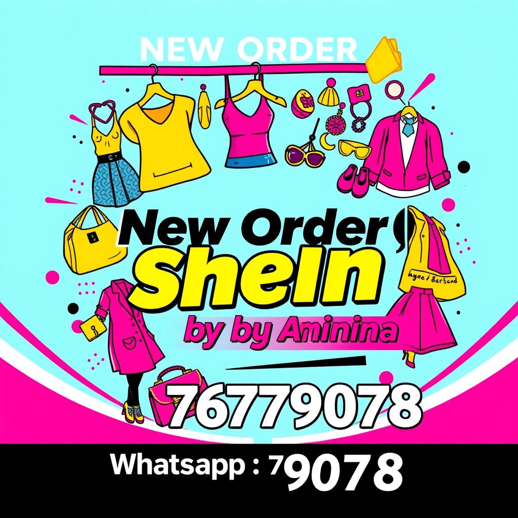 A vibrant and eye-catching poster promoting a new order at Shein by Amina