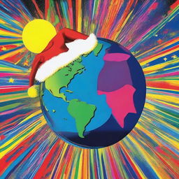 Planet Earth stylized in the pop-art essence of Andy Warhol, brightly lit against a star-filled night, donning a vibrant Santa hat, where each quadrant features varied bold coloration.