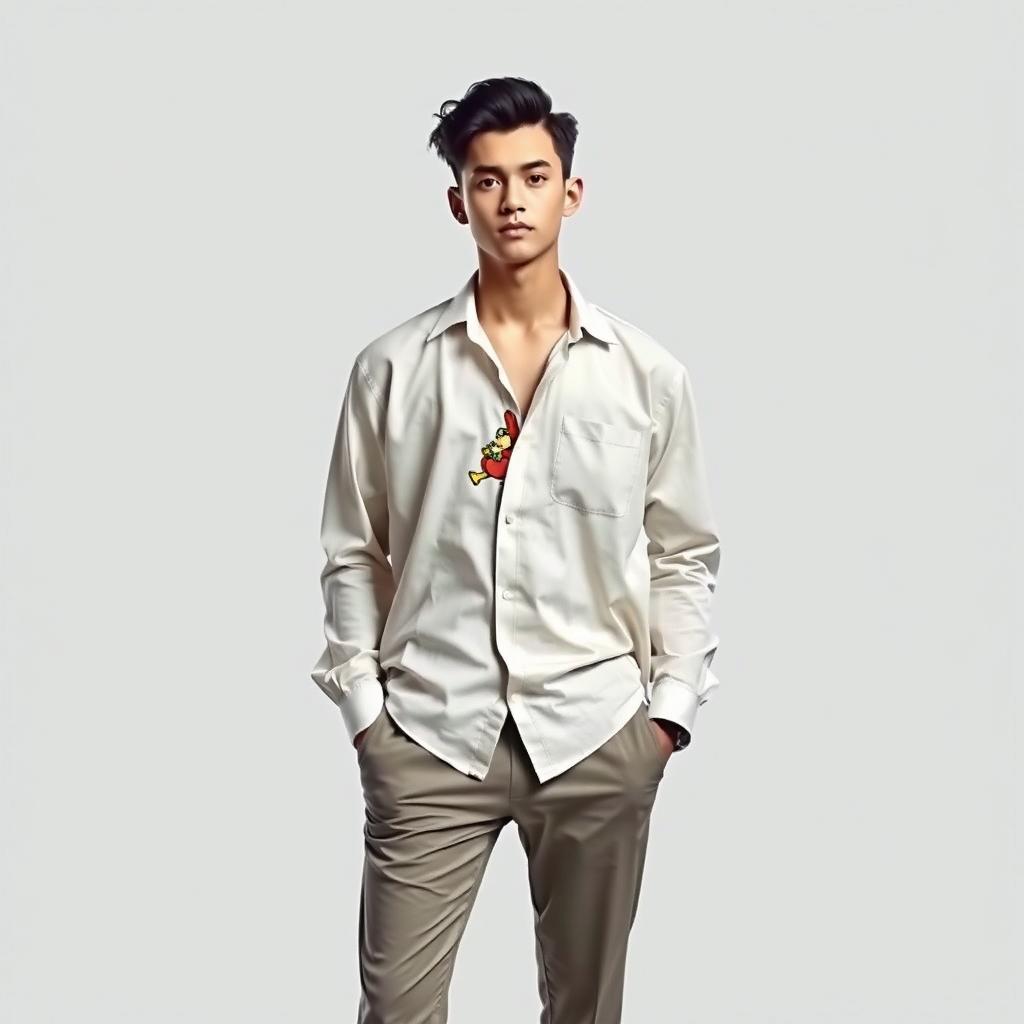 A clear image featuring a single male figure standing confidently in a stylish outfit