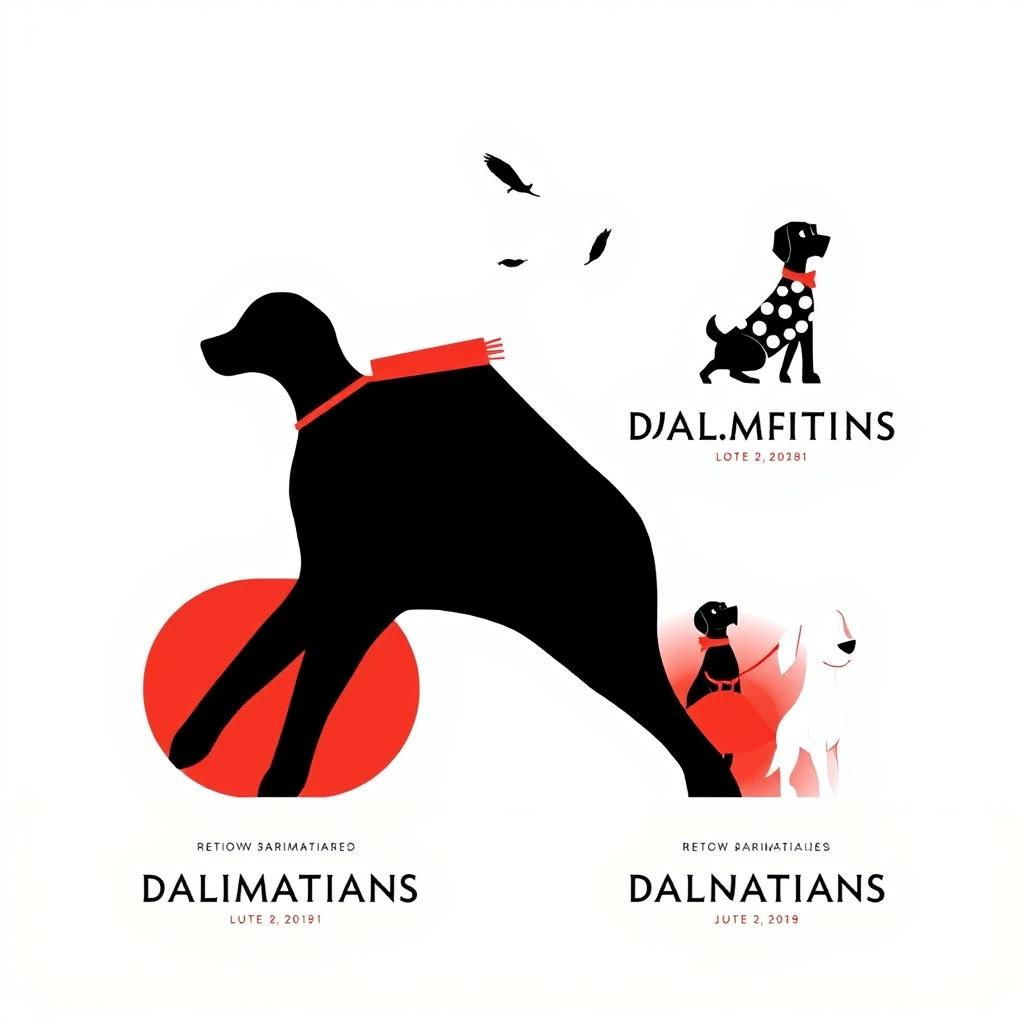 A series of 4 minimalist posters inspired by the animated film '101 Dalmatians', designed to vividly and succinctly capture the essence of the story through visual imagery