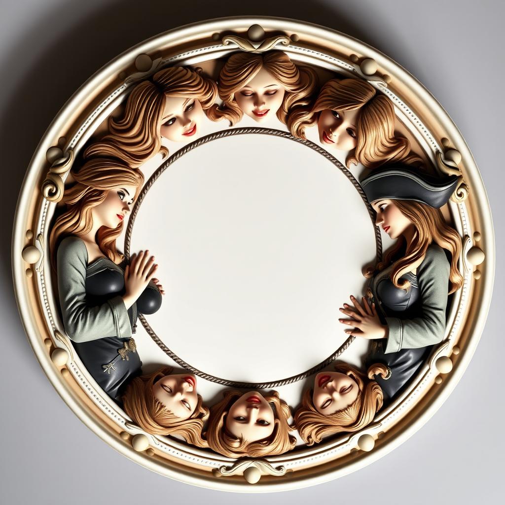 A round 3D ceiling ornament in a modern baroque style featuring multiple full-figured Western women in pirate costumes, playfully tickling each other and gazing at one another lovingly