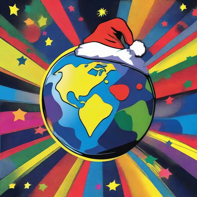 Planet Earth stylized in the pop-art essence of Andy Warhol, brightly lit against a star-filled night, donning a vibrant Santa hat, where each quadrant features varied bold coloration.