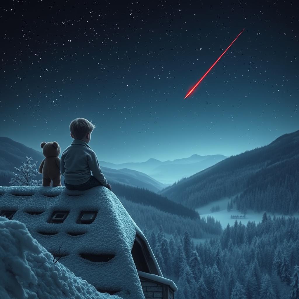 A mysterious and dreamlike winter night scene featuring an eight-year-old boy sitting on the roof of a quaint cottage, accompanied by his teddy bear