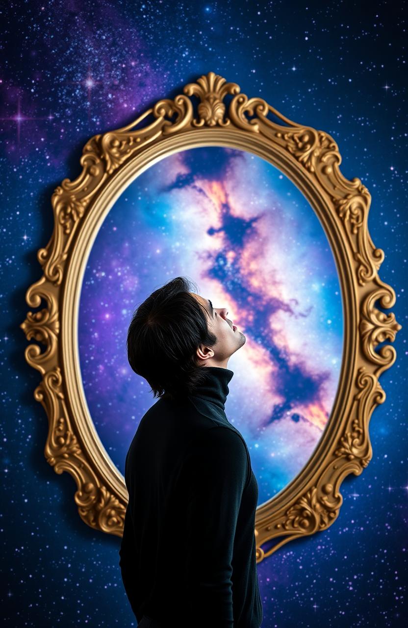 A man standing in front of a large, ornate mirror, gazing at his reflection which transforms into a breathtaking view of the universe