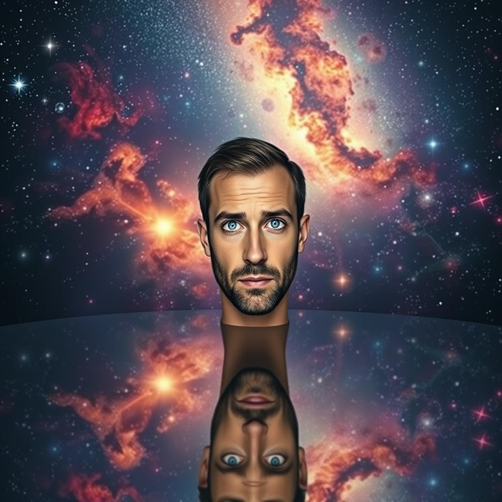 A man with striking blue eyes standing on an endless mirror that reflects the universe