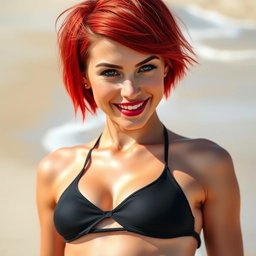 An attractive American woman with short vibrant red hair, showcasing her sharp jawline and small sharp nose