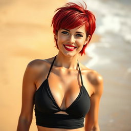 A full body shot of an attractive American woman with short vibrant red hair and a sharp jawline
