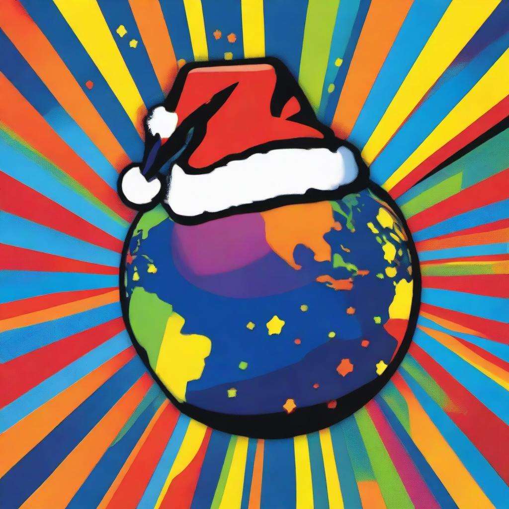 Planet Earth stylized in the pop-art essence of Andy Warhol, brightly lit against a star-filled night, donning a vibrant Santa hat, where each quadrant features varied bold coloration.