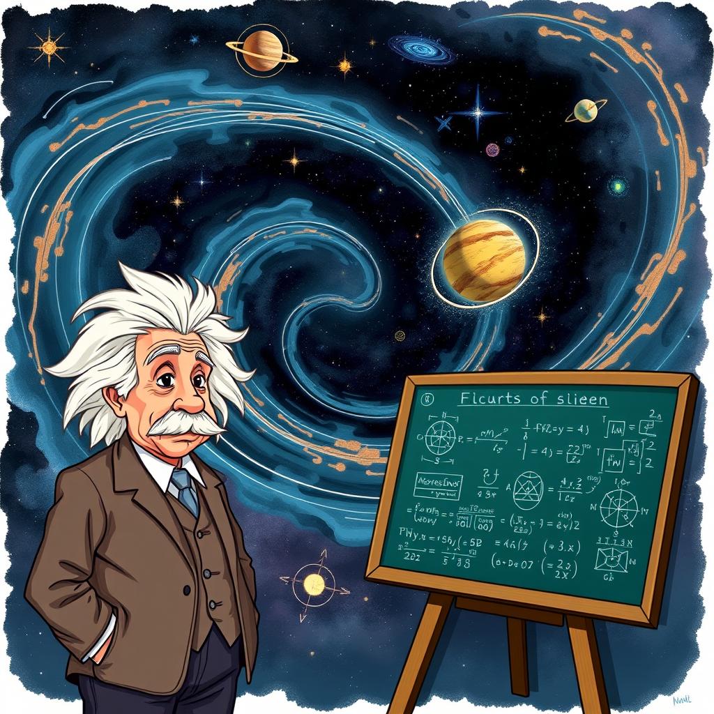 A conceptual illustration of Albert Einstein's theory of relativity, depicting the warping of space-time around a massive object, such as a planet or a black hole