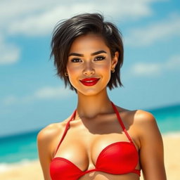 A full body shot of an attractive American girl with short black hair and a sharp jawline