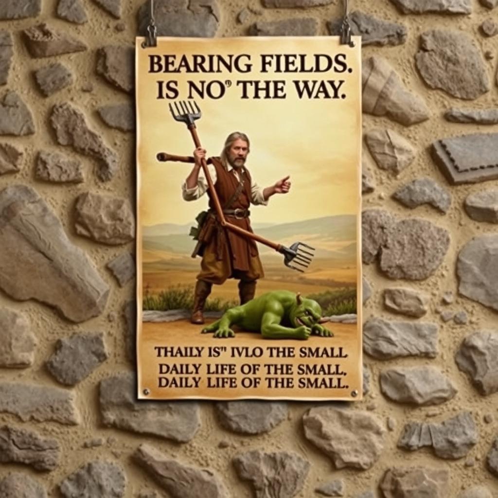 A fantasy poster hanging on a rugged stone wall, featuring a peasant dressed in rustic rural clothing, with a pair of pitchforks slung over his back