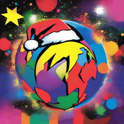 Planet Earth stylized in the pop-art essence of Andy Warhol, brightly lit against a star-filled night, donning a vibrant Santa hat, where each quadrant features varied bold coloration.