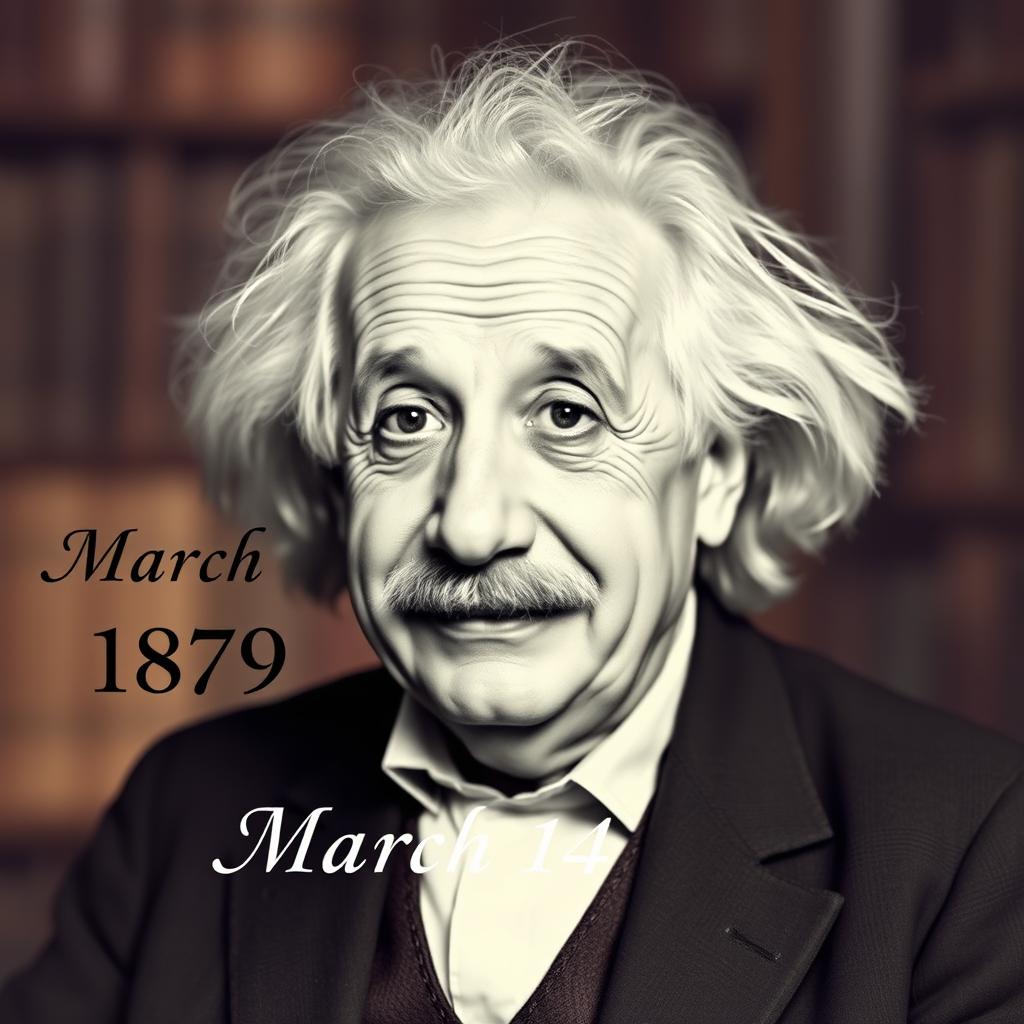 A portrait of Albert Einstein, with his characteristic wild hair and thoughtful expression, set against a soft, blurred background that suggests a scholarly atmosphere