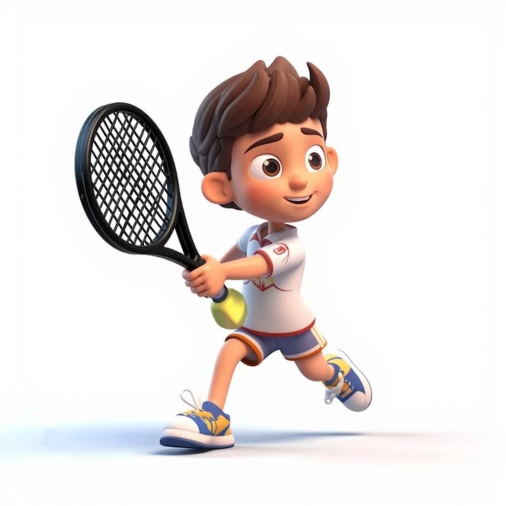 A cartoon character in an energetic pose while playing padel tennis