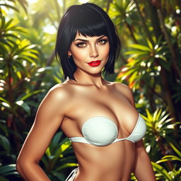 A stunning European girl with white skin and short black hair, characterized by a sharp jawline and a serious look