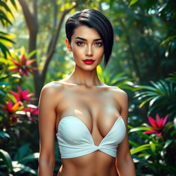 A stunning European girl with white skin and short black hair, characterized by a sharp jawline and a serious look