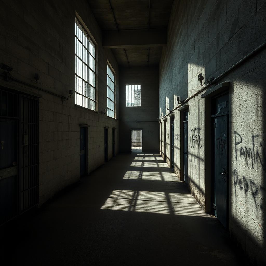 A detailed view of a prison interior, featuring high concrete walls, barred windows with a gloomy atmosphere, dimly lit corridors, and steel doors
