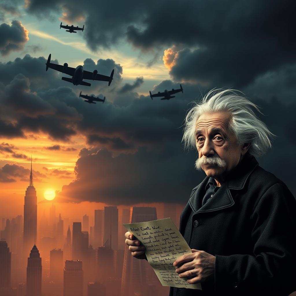 A powerful and thought-provoking scene depicting a futuristic city skyline engulfed in shadows, representing the ominous threat of nuclear war