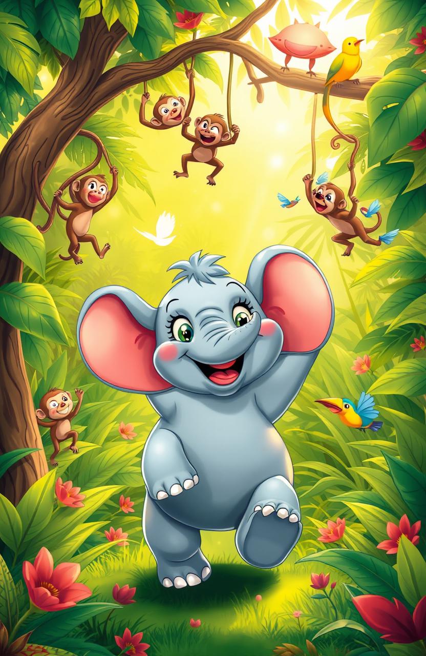 A cheerful elephant named Elly joyfully playing in a lush green jungle, surrounded by playful monkeys swinging from the branches and colorful birds fluttering around